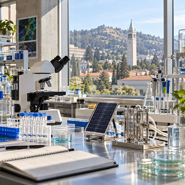 Laboratory bench with microscope and beakers overlooking the Berkeley hills