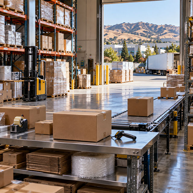 Warehouse interior with boxed freight on conveyor belts and forklift