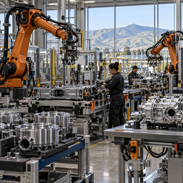 Technicians working on an automated manufacturing line with robotic arms