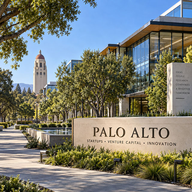 Palo Alto welcome sign with Stanford tower and glass office buildings behind