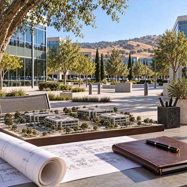 Site plans and campus model overlooking a Pleasanton business park