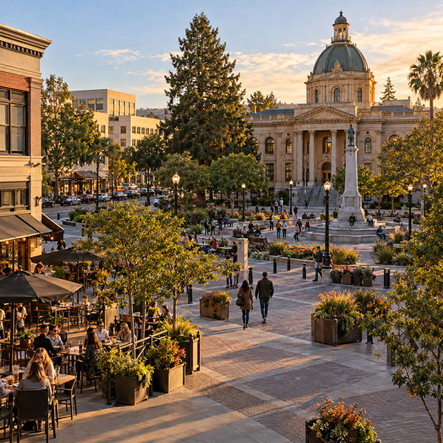 Redwood City courthouse square plaza with outdoor dining and trees