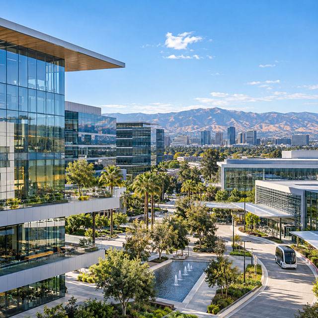 San Jose office campus plaza with glass towers and hills beyond