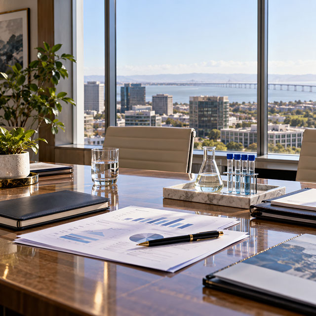 Conference table with lab samples and chart overlooking the San Francisco Bay
