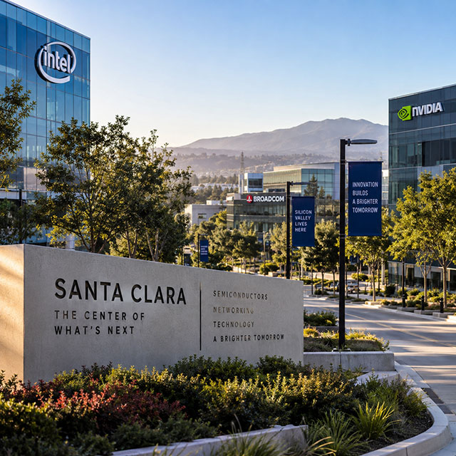 Santa Clara welcome sign with Intel and NVIDIA office buildings behind