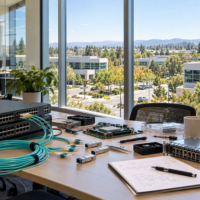 Office desk with network hardware and blueprints overlooking a tech campus