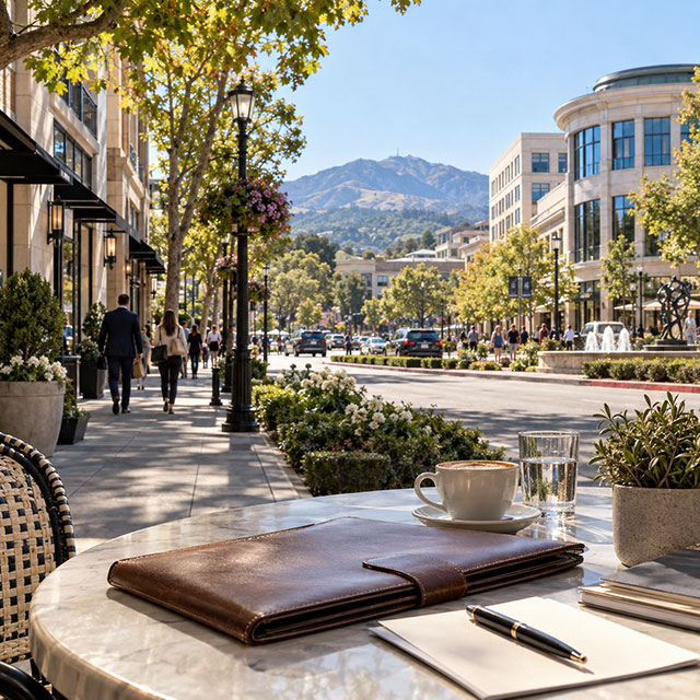 Walnut Creek downtown street with shops and Mount Diablo beyond