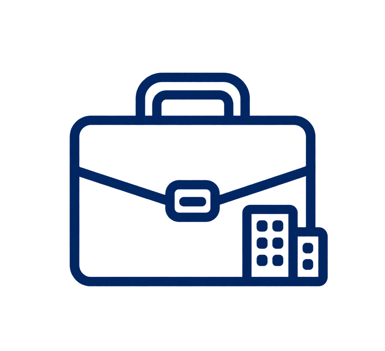 Outline icon of a briefcase beside a phone and building