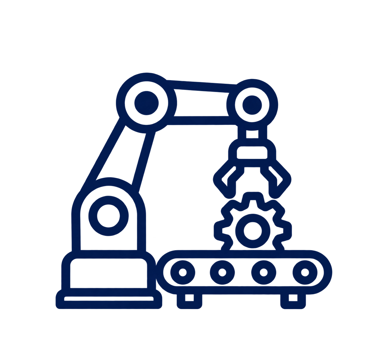 Outline icon of a robotic arm on a conveyor belt
