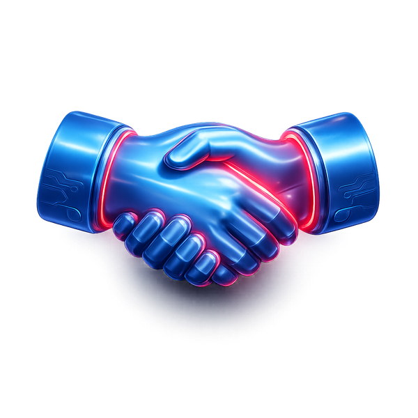 3D blue handshake with glowing pink accents