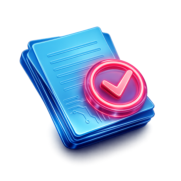 3D document stack with pink checkmark seal